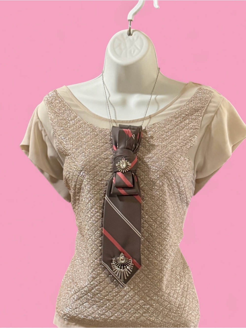 Re-Styled Vintage Silk Blend Necktie Necklace,Rhinestone Jewelry,Removable Chain - Picture 1 of 4